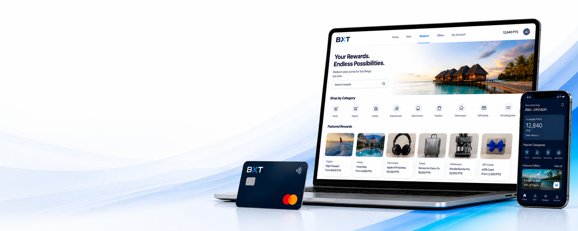 BXT loyalty rewards portal shown on laptop and mobile with branded payment card